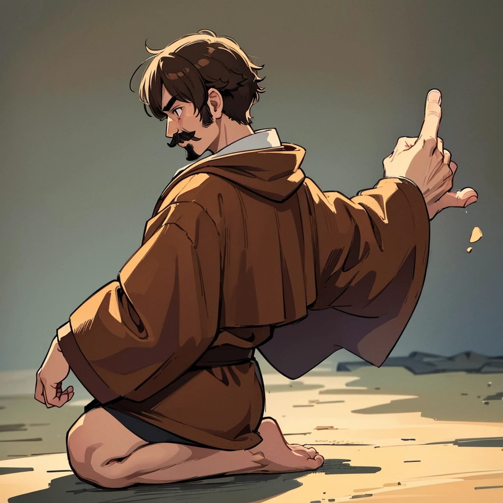 ((((Solo))))、Highest quality, Best Quality,Best illustrationiddle ages、(((Simple brown robe)))、(40-year-old uncle、mature、Kaiser moustache)、(LOL)、fight、(From the side、profile)、Kneel on the ground