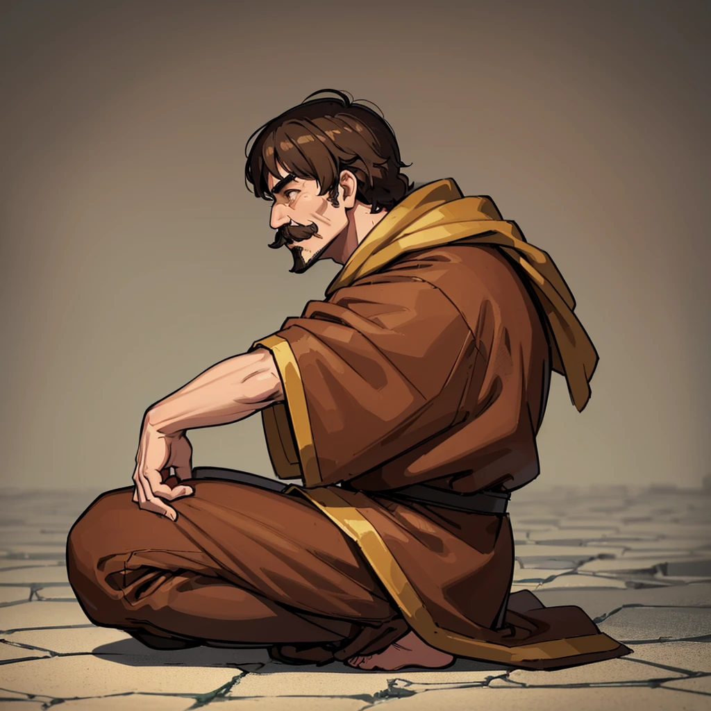 ((((Solo))))、Highest quality, Best Quality,Best illustrationiddle ages、(((Simple brown robe)))、(40-year-old uncle、mature、Kaiser moustache)、(LOL)、fight、(From the side、profile)、Kneel on the ground