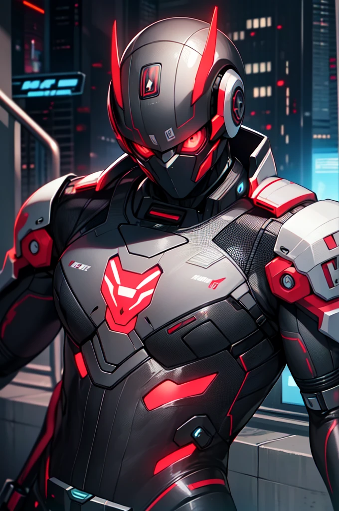cyberpunk, android, red and black bodyarmor, red and black bodysuit, red eyes, cybernetic suit, high quality,