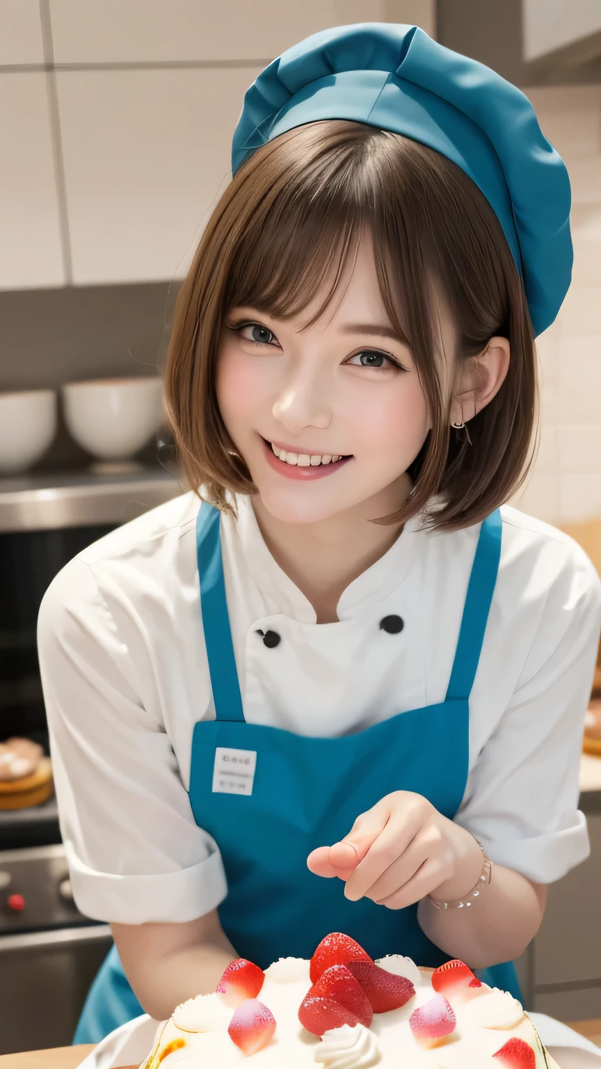 closeup shot , Best picture quality (8K, high resolution, Masterpiece: 1.2), super detailed, 215 Short Hair, 16-year-old woman,
situation: Making cakes and desserts in the kitchen。
clothing: white pastry chef uniform、apron、Chef hat。
angle:
Close-up: The hands decorating the cake、Capture concentrated facial expressions in detail。
Detailed depiction: Colorful cakes and sweets in the background、Emphasizing the fun of work。
Emotional moment: Smiling as she looks at the finished cake
, Close-up of face
, random cute pose ,big eyes ,Puffy eyes , Heart Pupil, blush , huge shy smile , salute