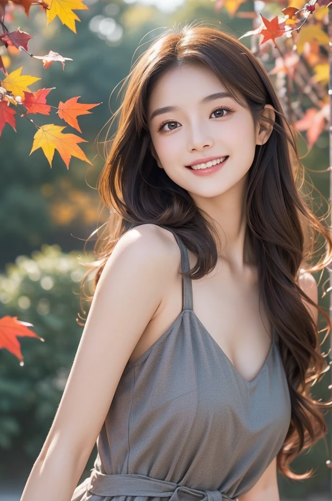 8K Super Resolution、Beauty、One Lady、Dark Brown Hair:1.1、Ultra-detailed face、Detailed lips、important、(Eyes meet)、double eyelid、Princess Eyes、 Beautiful Japanese Woman、Beautiful Japanese Woman、 Sensual lips、Bewitching body、Bust size 82、8 Life-size、Standing in a provocative pose facing forward with a well-balanced, natural body、Girlfriend in her 20s、(28 years old)、far and near method、Smiling with a nice smile、 Wearing a one-piece dress、Hair blowing in the wind、Clear images、The sparkle of tiny eyes、Fine autumn leaves dyed red、color々Hair style、