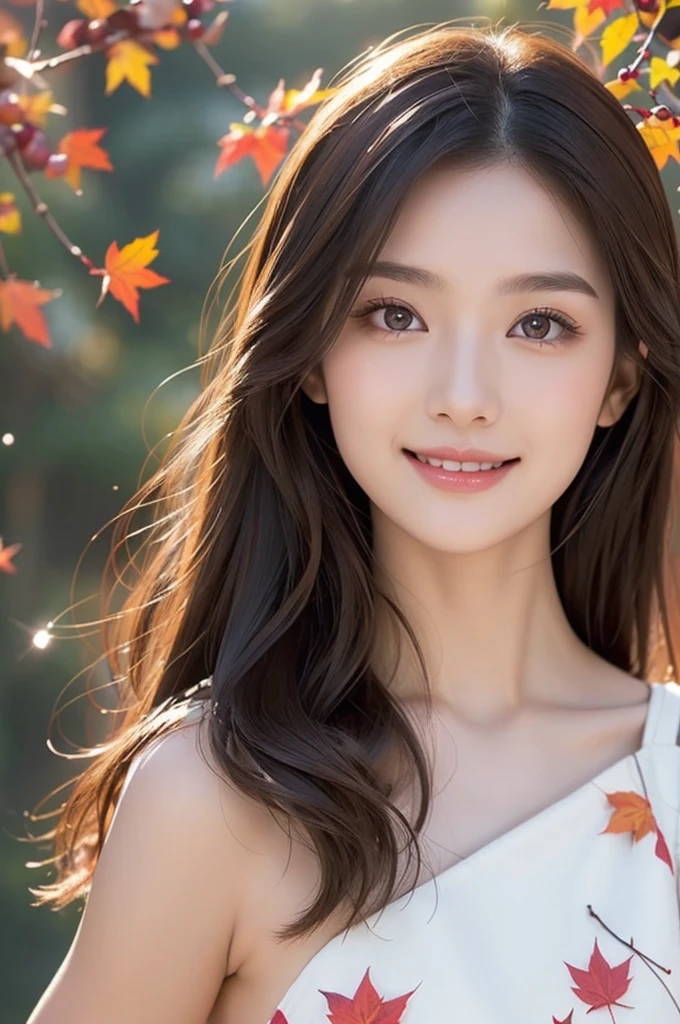 8K Super Resolution、Beauty、One Lady、Dark Brown Hair:1.1、Ultra-detailed face、Detailed lips、important、(Eyes meet)、double eyelid、Princess Eyes、 Beautiful Japanese Woman、Beautiful Japanese Woman、 Sensual lips、Bewitching body、Bust size 82、8 Life-size、Standing in a provocative pose facing forward with a well-balanced, natural body、Girlfriend in her 20s、(28 years old)、far and near method、Smile with a beautiful smile、 Wearing a one-piece dress、Hair blowing in the wind、Clear images、The sparkle of tiny eyes、Fine autumn leaves dyed red、color々Hair style、