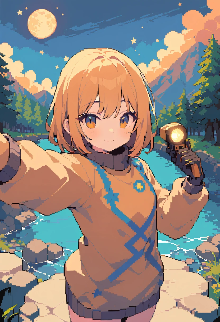 Pixel art, Veronica Cypher ((Upper body selfie, happiness的)), masterpiece, Highest quality, Super detailed, alone, Outdoor, (night), Mountain, nature, (star, moon) happiness, happiness的, gloves, sweater, have, flashlight, forest, rock, river, wood, to smoke, Shadow, By comparison, sunny, Analogy Style (Show Viewer:1.2) (texture) (Film Grain: 1.3), (Warm colors, Warm colors): 1.2), close, Film Light, Side light, Ultra-high resolution, 背心Shadow, born, Wear a jumper, Kodak Vision 3,