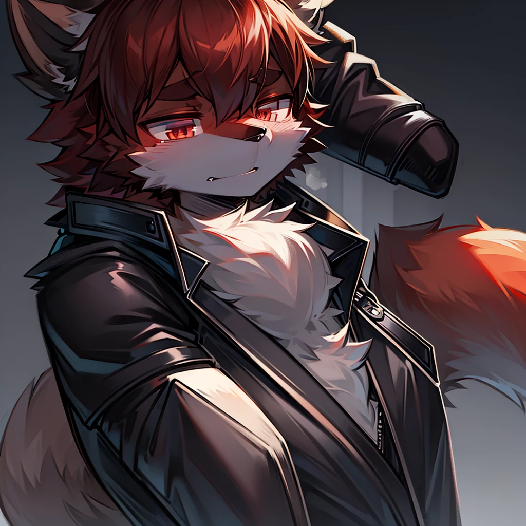 fox boy,Red Hair,8k resolution,high resolution,最high resolution,Red collar,Wearing a black and white hoodie！
