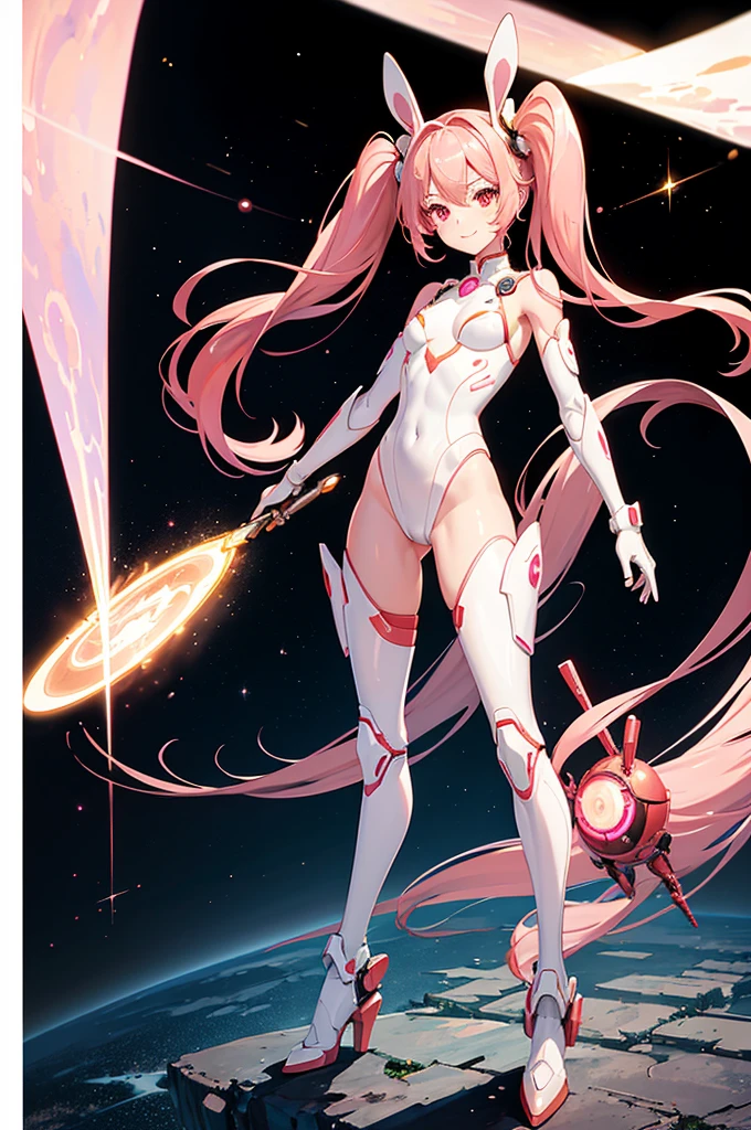 Perfect human body modeling, 1girl, small breasts, beautiful girl, cute girl and idol face, young face, smile, Beautiful long pink hair, twintails, Beautiful shining red eyes, white skin, Short body, Rabbit ears in robot style, powered armor, full armor, powered leg, metroid armor, Space suits, planetary exploration