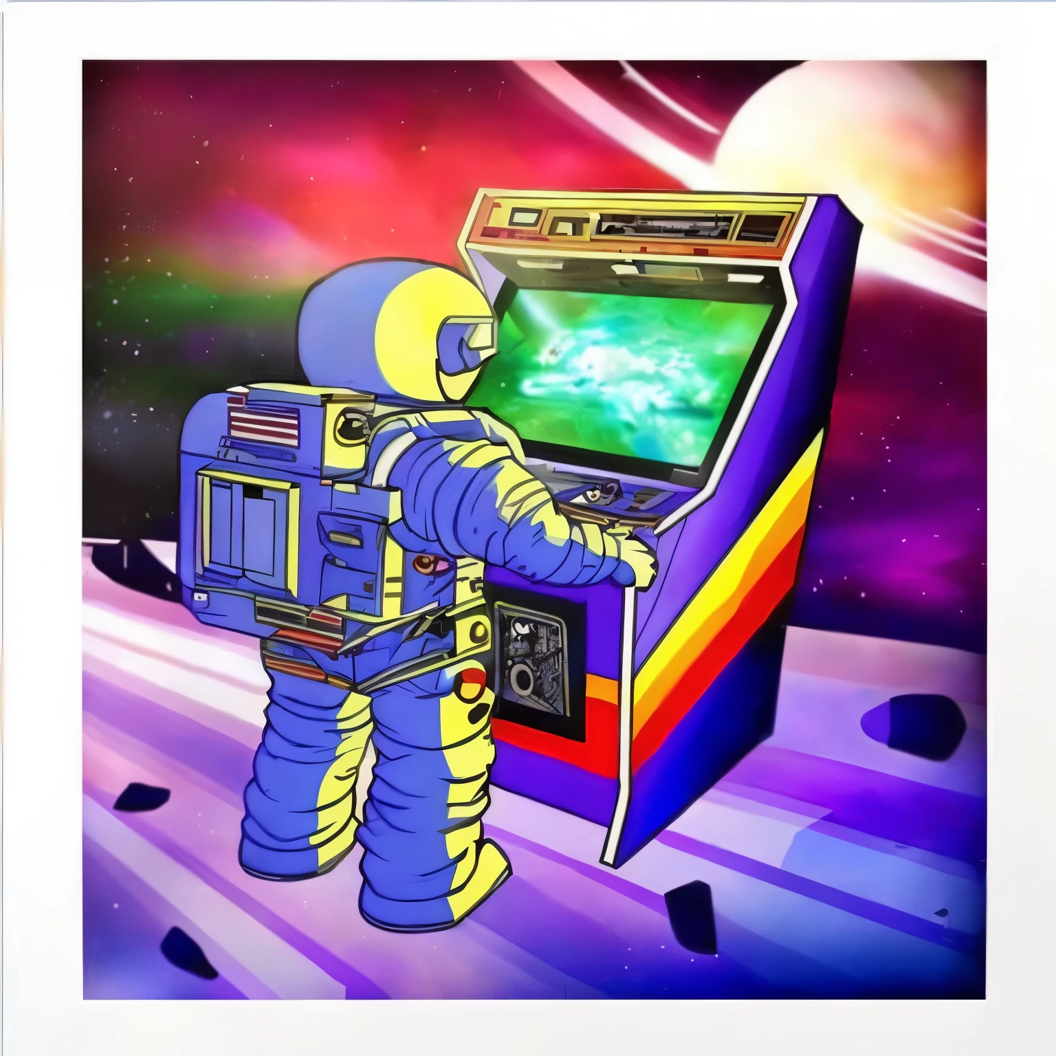 a cartoon astronaut playing a video game on a space shuttle, computer game art, arcade game, arcade machine, in style of 80s sci-fi art, 1980s arcade, video game art, arcade, arcade cabinet, masterpiece epic retrowave art, 80s outdoor retro arcade, 2 d digital video game art, kids color, ilustration style
