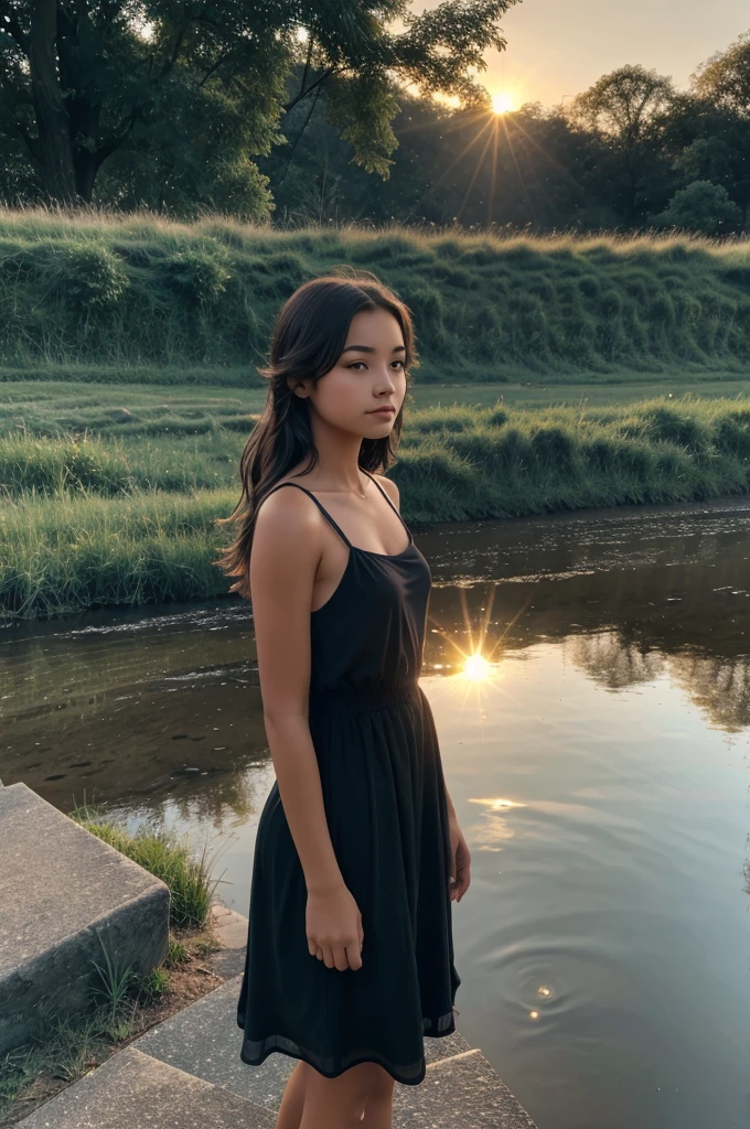 A girl standing on the steps near a river bank at sunrise with her reflection reflecting in the water