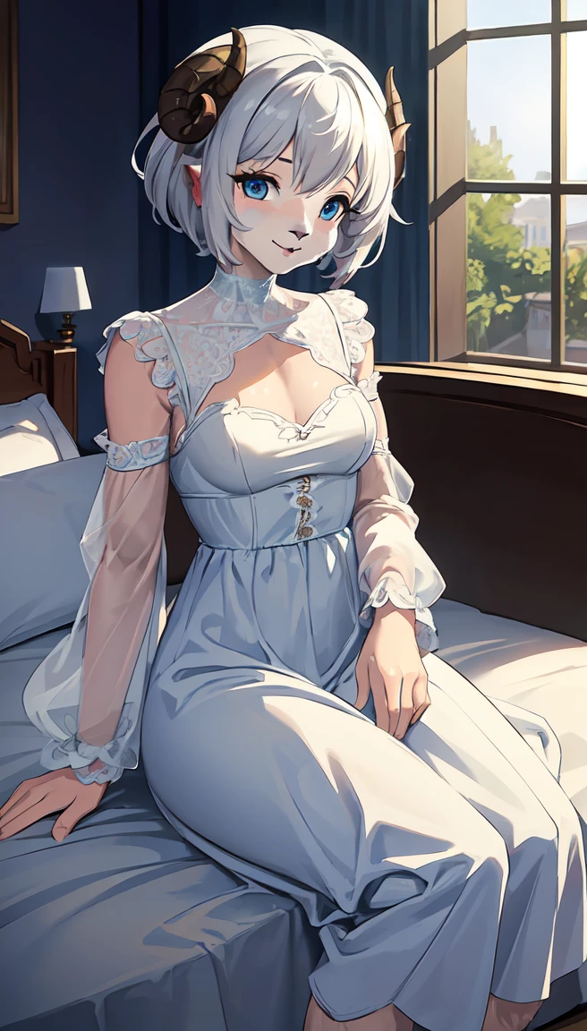 Highest quality,masterpiece, Soft Shading, Perfect Anatomy, Perfect lighting, Perfect focus, Healing, alone, One girl, Furry, Shaggy Sheep, Anthropomorphic, woman, Silver fur, Silvery skin, blue eyes, Before going to bed, pajamas,Long sleeve,Long skirt,(White lace),Small breasts,fantasy town, Upload to e621, Sitting,smile,adult,Long ears,Short Hair,Ram's horn、Perfect Anatomy((Beast Woman, Focus Only)) (((Furry))) (Furry anthro:1.7) ((((Hairy body, Sheep facial features, Physical characteristics of sheep)))) ((Sheep's nose, Very fine body hair)),