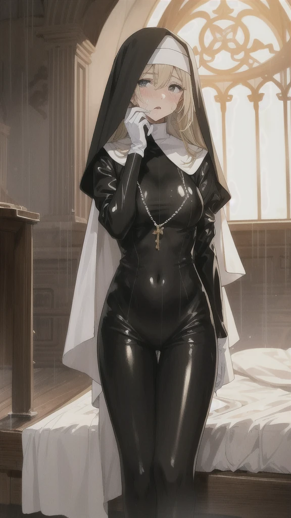 (masterpiece, Highest quality, Super detailed, Absurd:1.5), One girl, (sexy, Beautiful woman, Perfect Face, Perfect Eyes, Perfect female body:1.5), (Tutututu, (Nuns), (Cross Necklace), Latex bodysuit, Shiny clothes, Fits perfectly to the skin, habit, Latex gloves, Black bodysuit, Thigh-high boots, ), (Are standing, indoor, cathedral), Perfect lighting, Smooth, High resolution