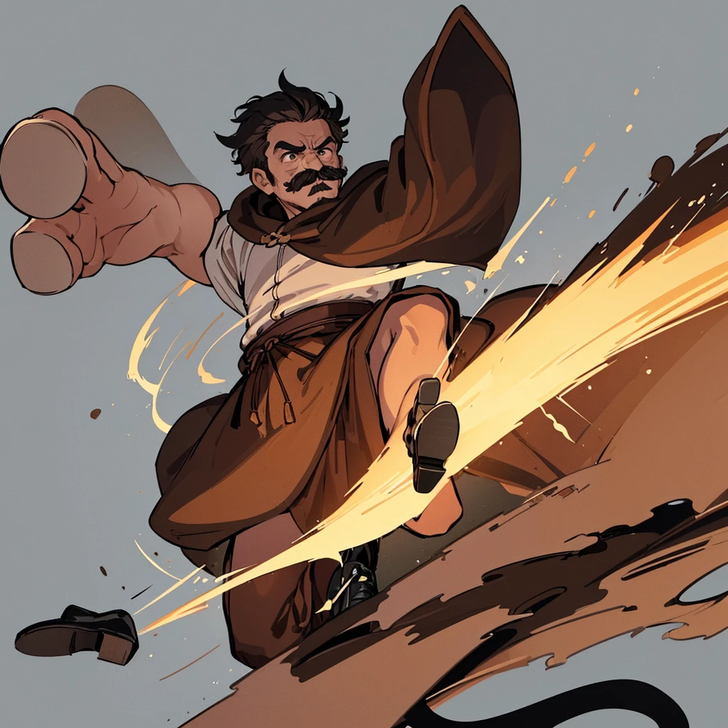 ((((Solo))))、Highest quality, Best Quality,Best illustrationiddle ages、(((Simple brown robe、Black shoes)))、(40-year-old uncle、mature、Kaiser moustache)、(LOL)、fight、(Diagonally below)、Kick、Run