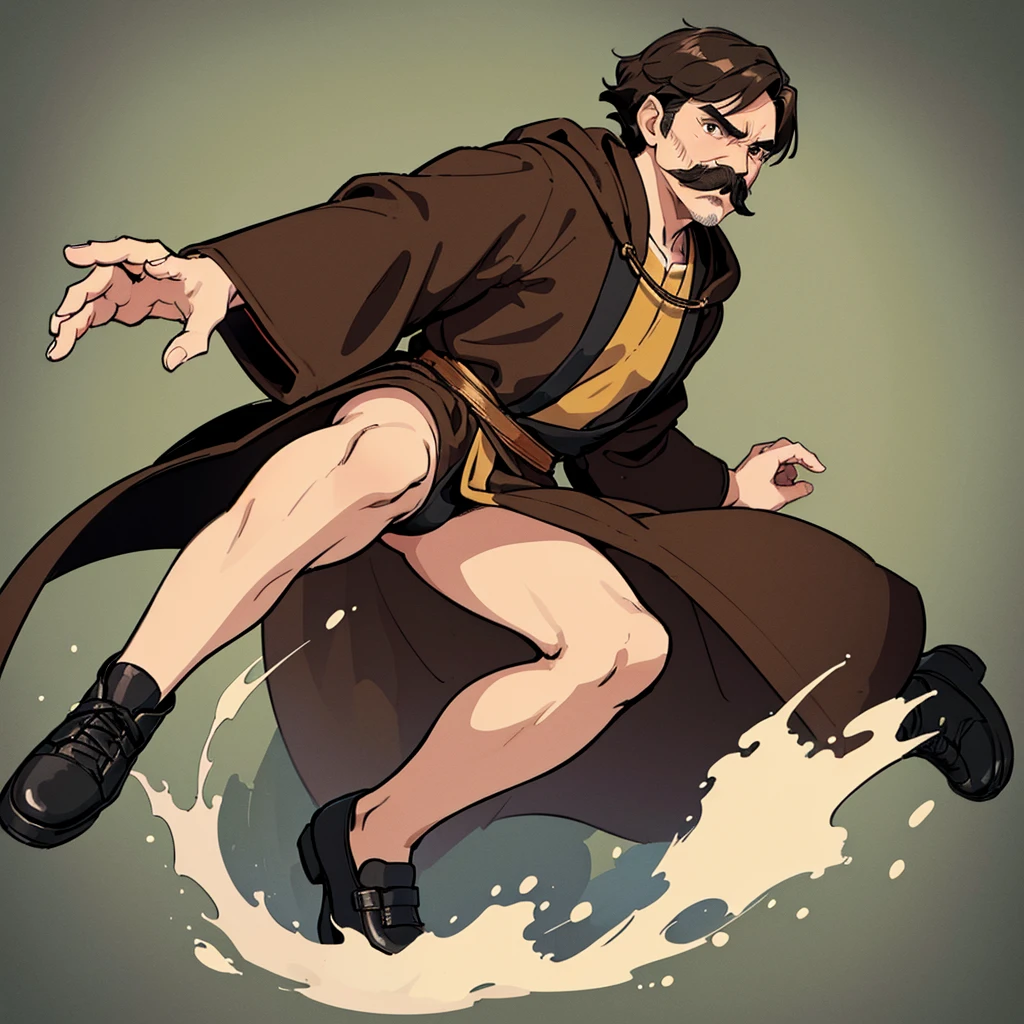 ((((Solo))))、Highest quality, Best Quality,Best illustrationiddle ages、(((Simple brown robe、Black shoes)))、(40-year-old uncle、mature、Kaiser moustache)、(LOL)、fight、(Diagonally below)、Kick、Run