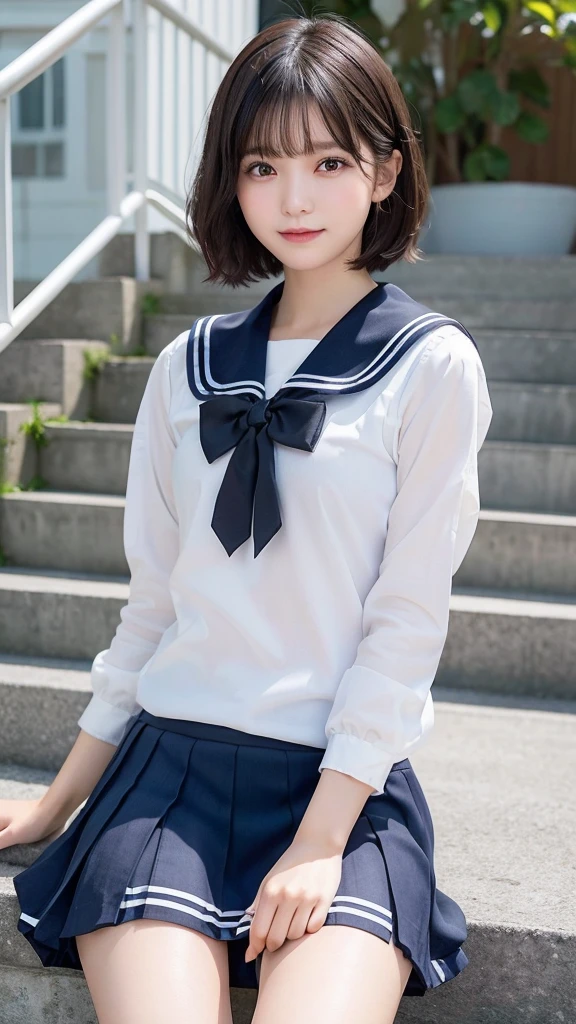 Black Hair、(School-designated sailor uniform:1.3)、short hair、hair accessory、Laugh a little、See-through、High-quality panties available、(Highest quality,masterpiece:1.3,Ultra-high resolution,),(Ultra-detailed,Caustics),(Photorealistic:1.4,RAW shooting,)Ultra-Realistic Capture,Very detailed,High resolution 16K human skin closeup。 The skin texture is natural、Detailed face and eyes、Sit on the stairy hair sways in the wind、