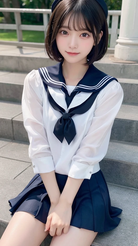 Black Hair、(School-designated sailor uniform:1.3)、short hair、hair accessory、Laugh a little、See-through、High-quality panties available、(Highest quality,masterpiece:1.3,Ultra-high resolution,),(Ultra-detailed,Caustics),(Photorealistic:1.4,RAW shooting,)Ultra-Realistic Capture,Very detailed,High resolution 16K human skin closeup。 The skin texture is natural、Detailed face and eyes、Sit on the stairy hair sways in the wind、