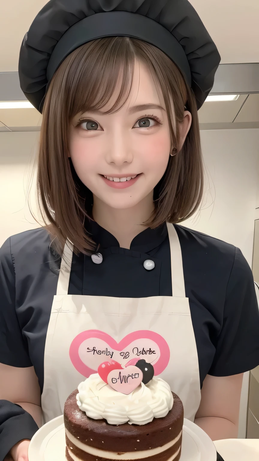 closeup shot , Best picture quality (8K, high resolution, Masterpiece: 1.2), super detailed,  215 Short Hair, 16-year-old woman, 

situation: Making cakes and desserts in the kitchen。
clothing: white pastry chef uniform、apron、Chef hat。
angle:
Close-up: The hands decorating the cake、Capture concentrated facial expressions in detail。
Detailed depiction: Colorful cakes and sweets in the background、Emphasizing the fun of work。
Emotional moment: Smiling as she looks at the finished cake

, Close-up of face 

, random cute pose ,big eyes ,Puffy eyes ,  Heart Pupil, blush  , huge shy smile , salute
