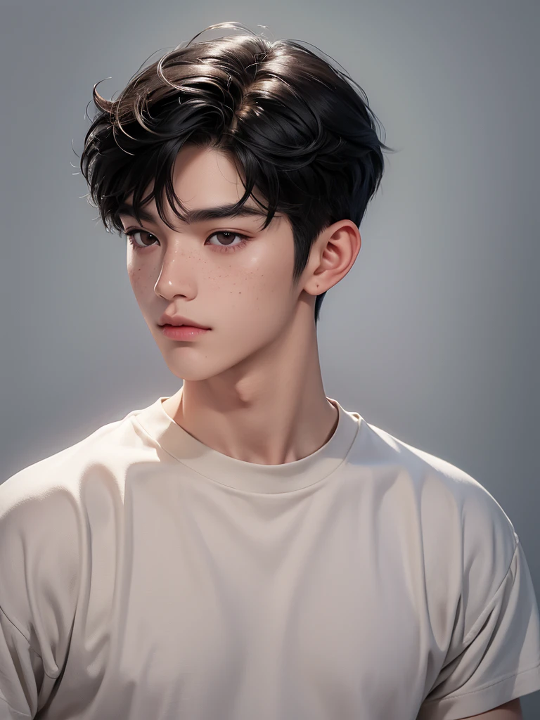 boy with dark black hair and dark brown eyes, he has freckles on his face and a delicate face, korean boy, has bangs, casual, grey wallpaper, good lighting, best quality masterpiece, 16k, portrait, asian eyes, monolids, handsome, mid 20, ((Asian)), cute guy, sexy