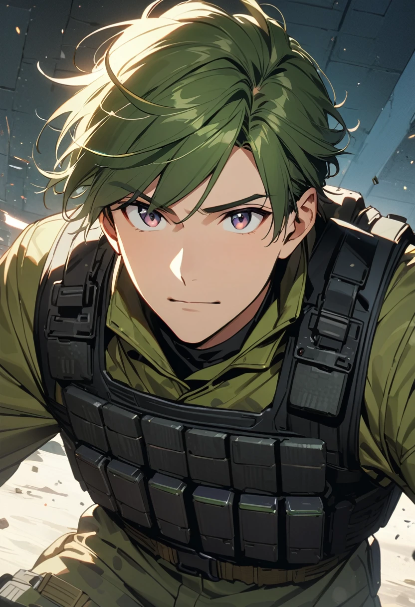 ((best quality)), ((masterpiece)), ((anime)), male focus, portrait of handsome 25-year old guy, wearing green camouflage combat suit and combat helmet, (black bulletproof vest: 1.3), black half-gloves, (grenade belt: 1.3), (holding grenade:1.1), stunning, tall, bright hair, fancy haircut, (epic pose) (8k resolution:1.2)