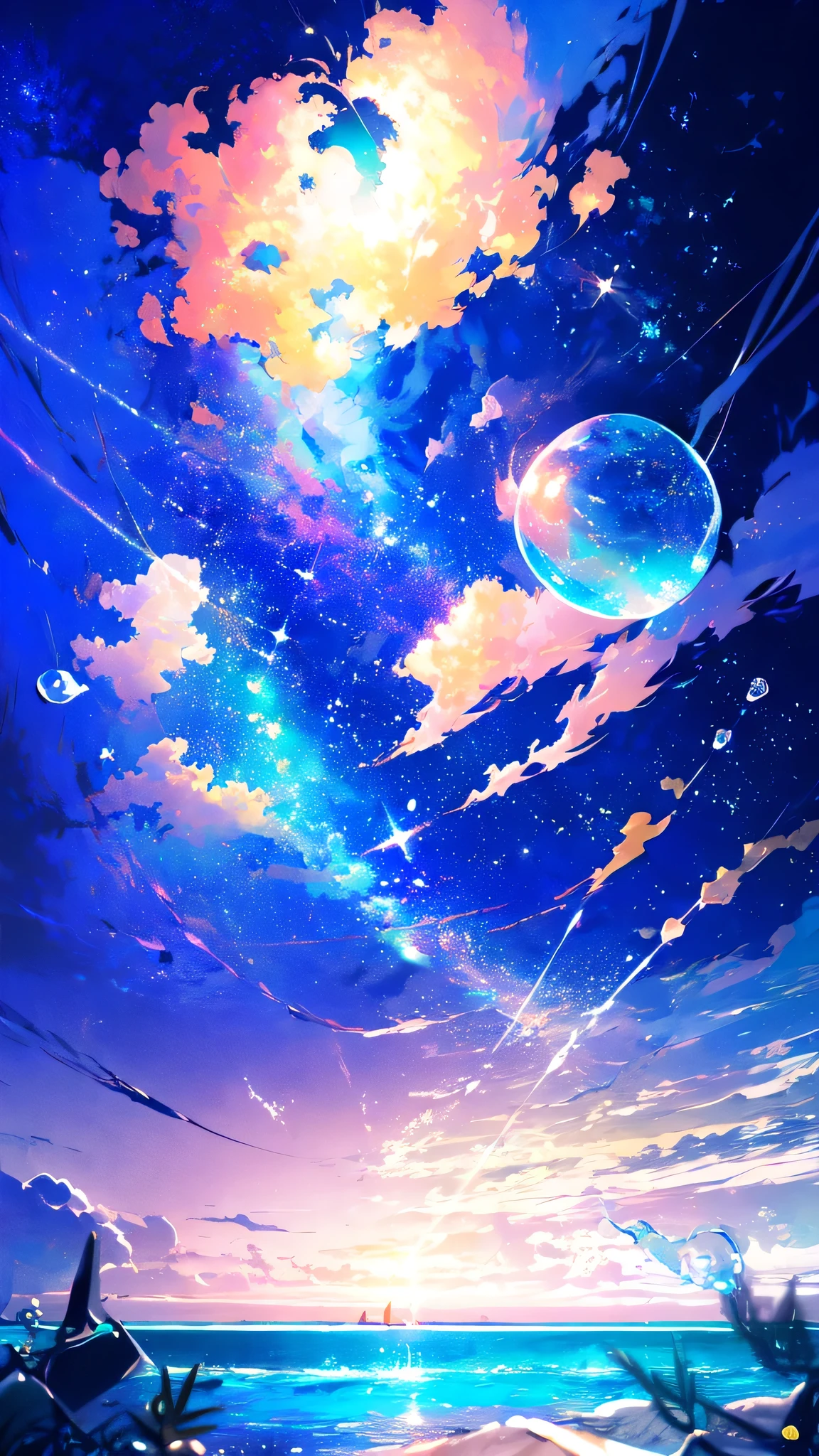 -scenery, 1girl, sky, Star (sky), Highest Resolution、Sunlight from above, night, solo,Fine starry sky、 city lights, Starry sky, Fine bubbles、night sky, bubble, watercraft, outdoors, short hair, ocean, Big cloud,coloured glaze,