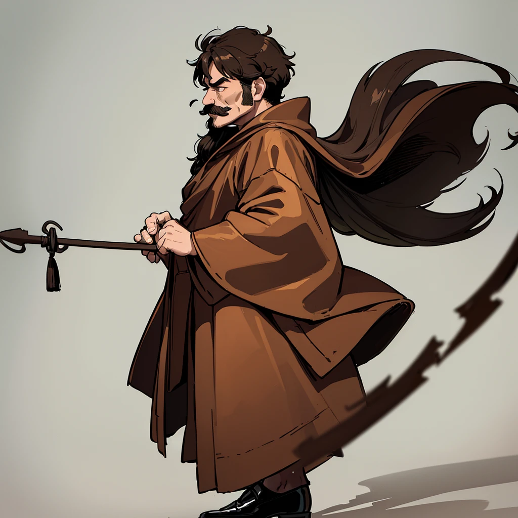 ((((Solo))))、Highest quality, Best Quality,Best illustrationiddle ages、(((Simple brown robe、Black shoes)))、(40-year-old uncle、mature、Kaiser moustache)、(LOL)、fight、(From the side、profile)、Kneel on the ground