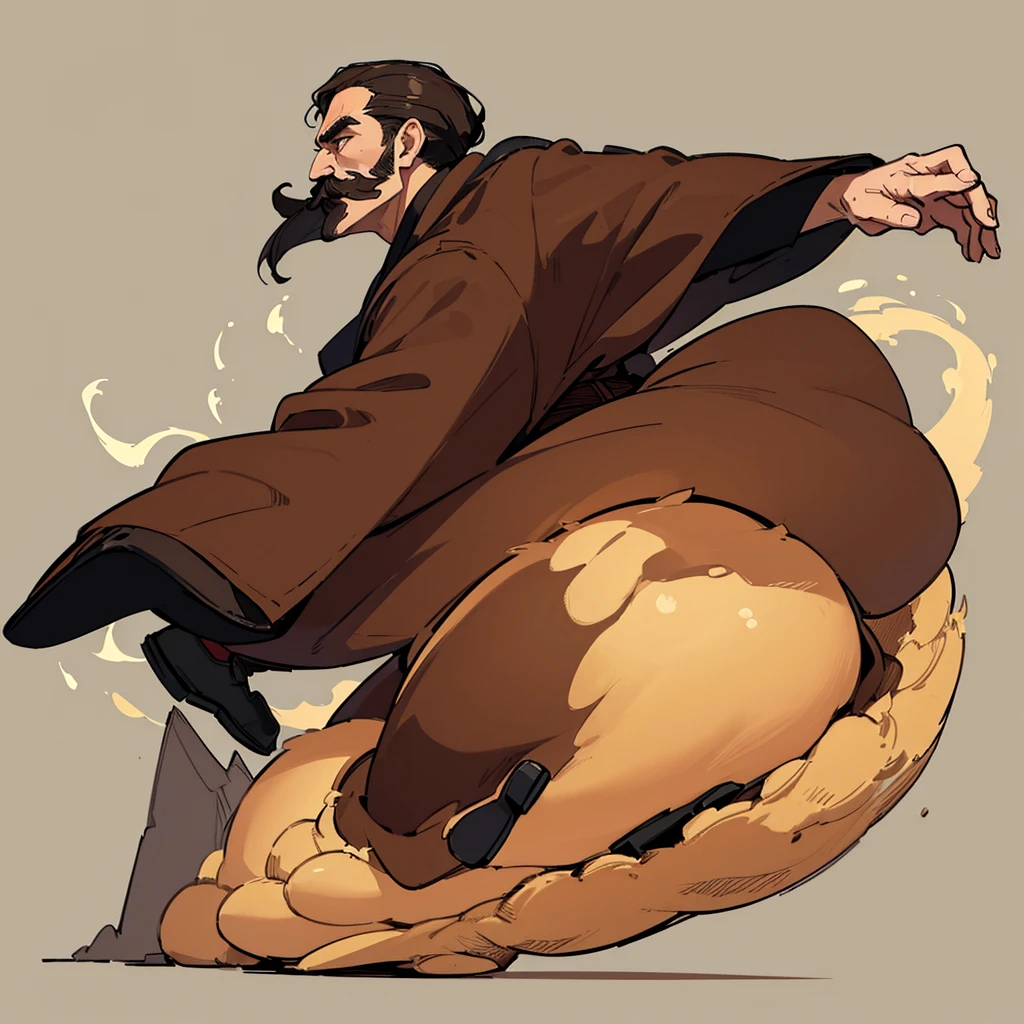 ((((Solo))))、Highest quality, Best Quality,Best illustrationiddle ages、(((Simple brown robe、Black shoes)))、(40-year-old uncle、mature、Kaiser moustache)、(LOL)、fight、(From the side、profile)、Kneel on the ground