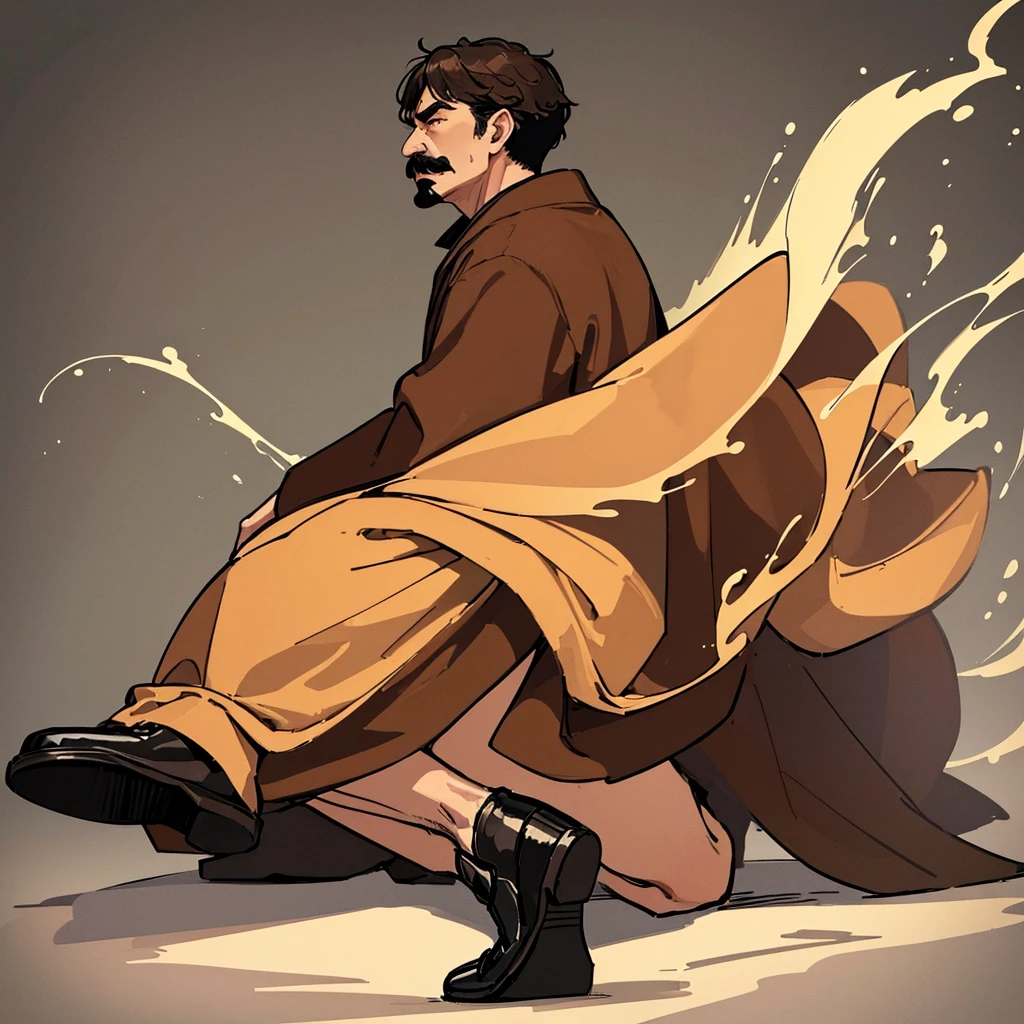 ((((Solo))))、Highest quality, Best Quality,Best illustrationiddle ages、(((Simple brown robe、Black shoes)))、(40-year-old uncle、mature、Kaiser moustache)、(LOL)、fight、(From the side、profile)、Kneel on the ground