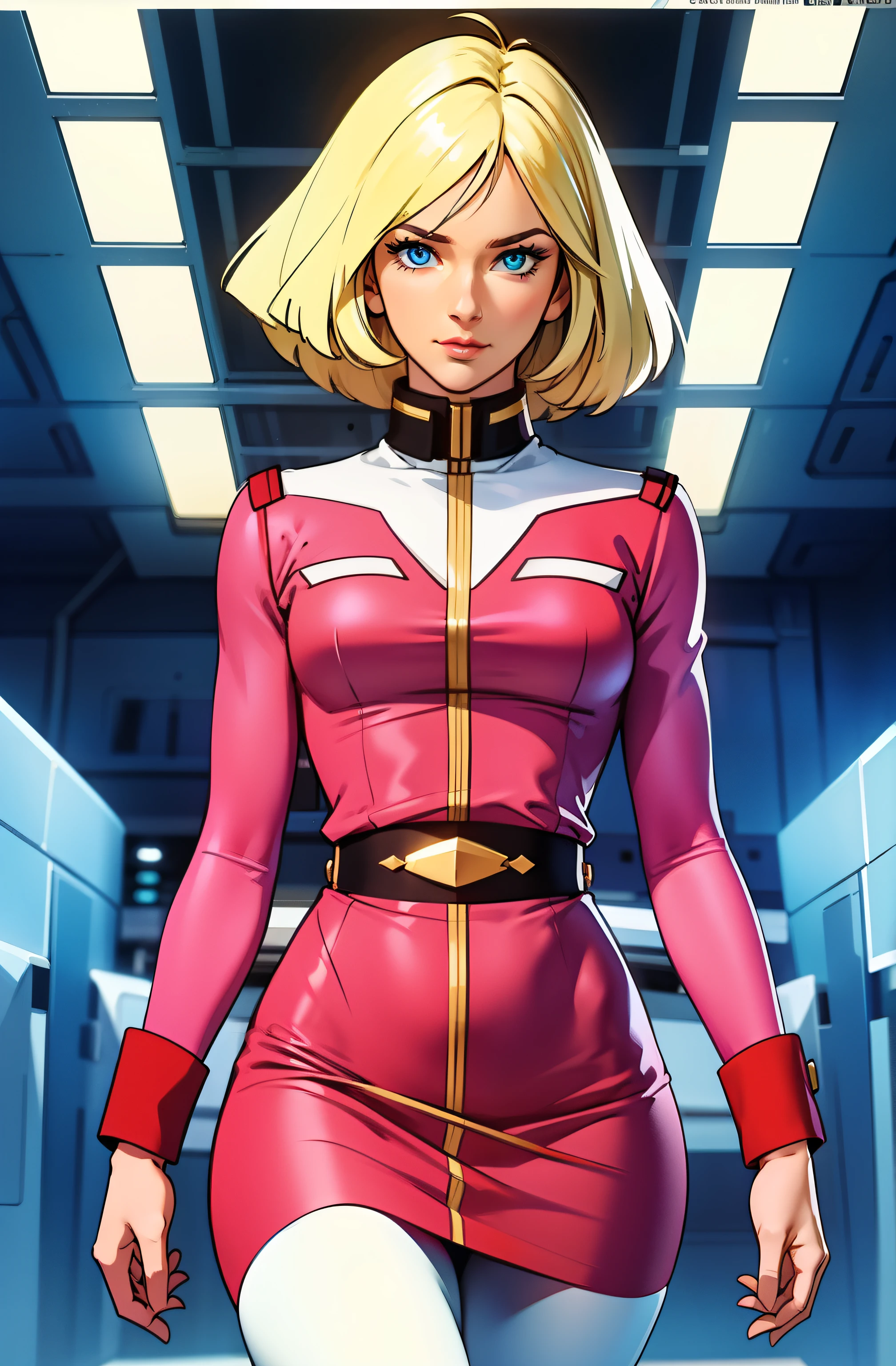 ((masterpiece)), ((cinematic lighting)), realistic photo、Real Images、Top image quality、1girl in, sayla mass, Elegant, masterpiece, Convoluted, slim arms, wide hips, thick thighs, thigh gaps, Best Quality, absurderes, high face detail, Perfect eyes, mature, Cowboy Shot, , Vibrant colors, soft pink uniform, soft pink Skirt, white tights