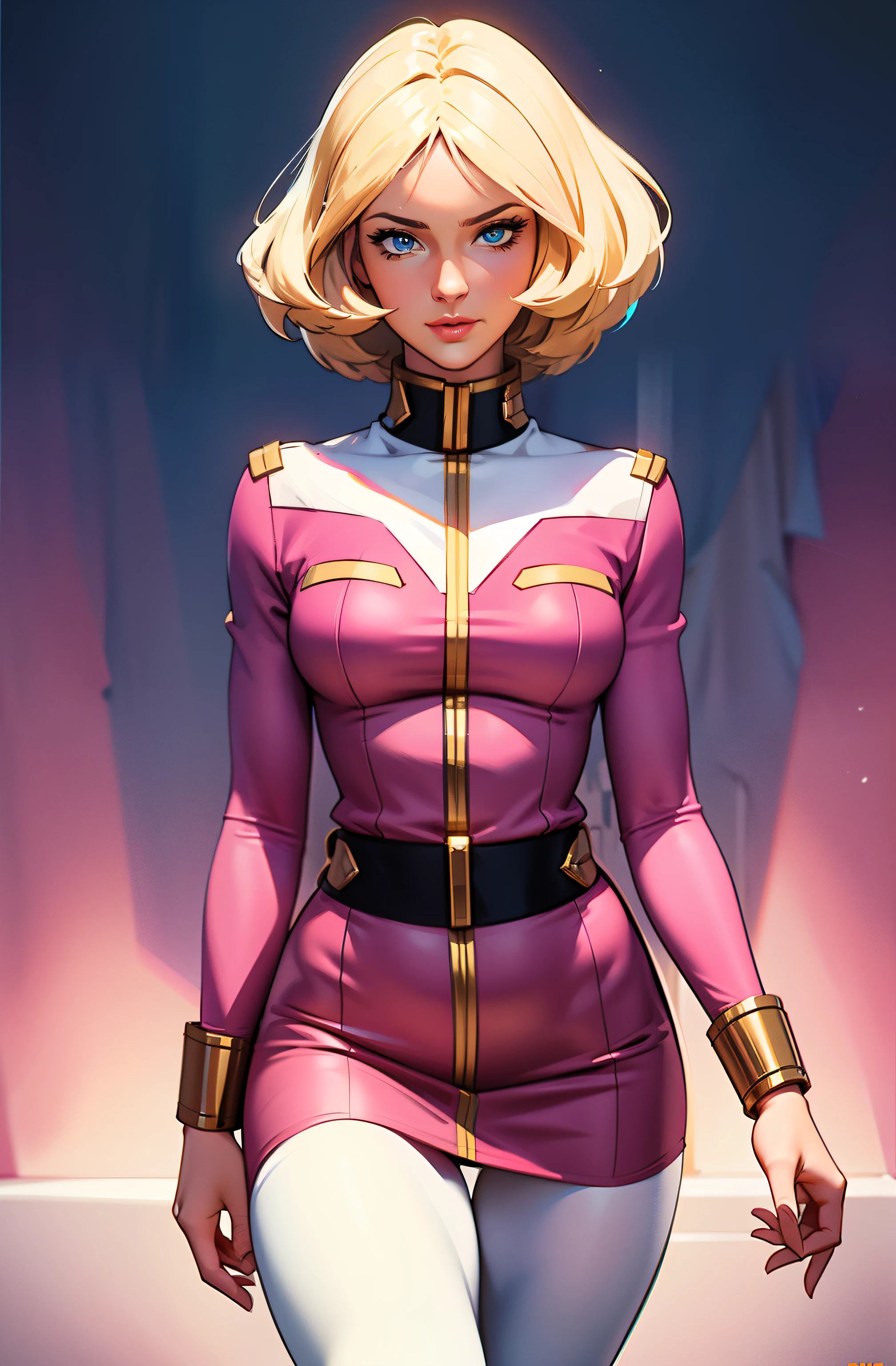 ((masterpiece)), ((cinematic lighting)), realistic photo、Real Images、Top image quality、1girl in, sayla mass, Elegant, masterpiece, Convoluted, slim arms, wide hips, thick thighs, thigh gaps, Best Quality, absurderes, high face detail, Perfect eyes, mature, Cowboy Shot, , Vibrant colors, soft pink uniform, soft pink Skirt, white tights