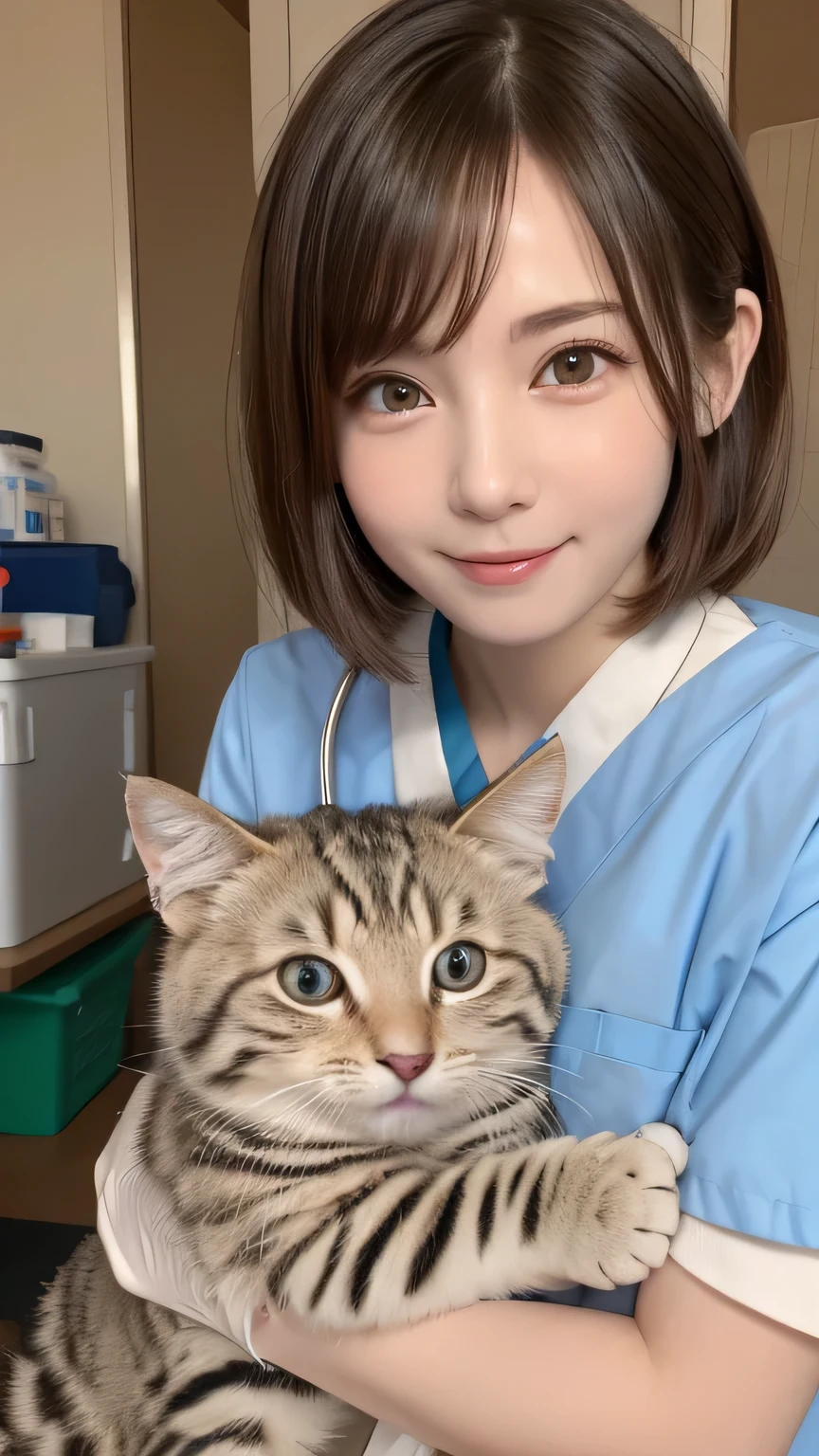 closeup shot , Best picture quality (8K, high resolution, Masterpiece: 1.2), super detailed,  215 Short Hair, 16-year-old woman, 

situation: A scene where animals are examined at a veterinary clinic。
clothing: White、scope、gloves。
angle:
Close-up: Hands that gently touch animals、Showing serious expressions in detail。
Detailed depiction: Animal treatment room and medical equipment in the background、Emphasizing the seriousness and kindness of veterinarians。


, Close-up of face 

, random cute pose ,big eyes ,Puffy eyes ,  Heart Pupil, blush  , huge shy smile , salute
