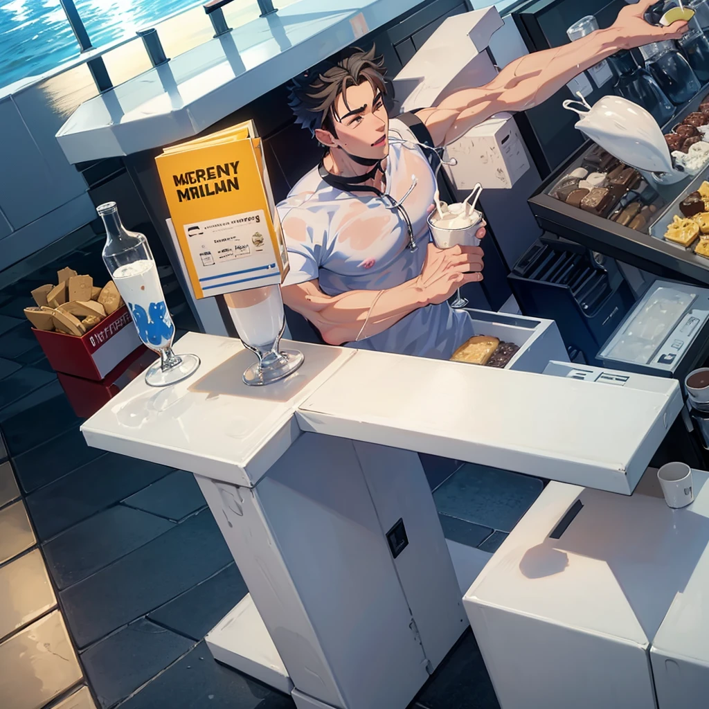 a cartoon picture of a man with a milk carton, milkman naked, milkboys saxy, glass of milk, milk, bar, flowing milk, sea of milk, drinking at the bar, milkshake, spilled milk, yaoi, bartending, ricardo milos, in billy herrington body, inside a bar, puddle of milk, sitting at the bar, top milk brands, desnudos, full calidad, 4k, full HD, ful definicion, calidad de cine 