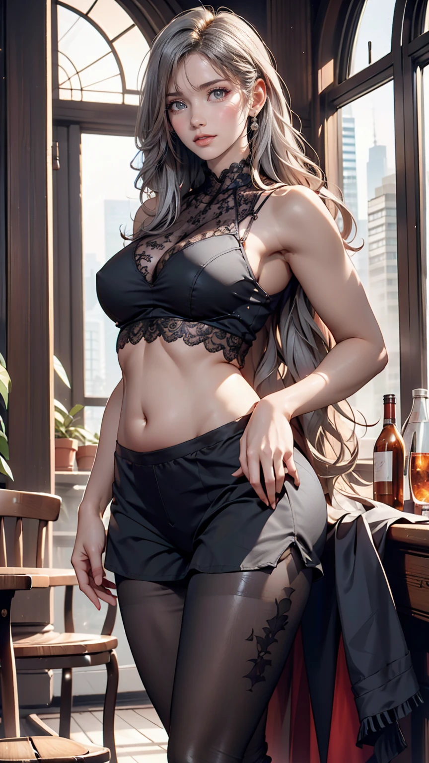 24 year old Caucasian female、Silver Hair、long hair、Hair becomes wavy、Outstanding proportions、Wear a sheer romper decorated with lace、Breasts are visible through the skin、I can see my belly button、Wear low rise leggings、Wear stiletto heels、Cowboy Shot、sexy pose、Skyscraper background