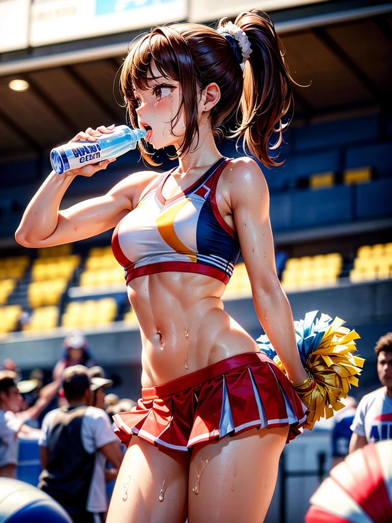 Highest Resolution,Highest quality,A beautiful girl with a crying face, a cheerleader, holding a sports drink in her hand,sunny,Tears and saliva dripping,Brown hair ponytail,Sweating profusely,whole body,Belly button,Abdominal muscles,