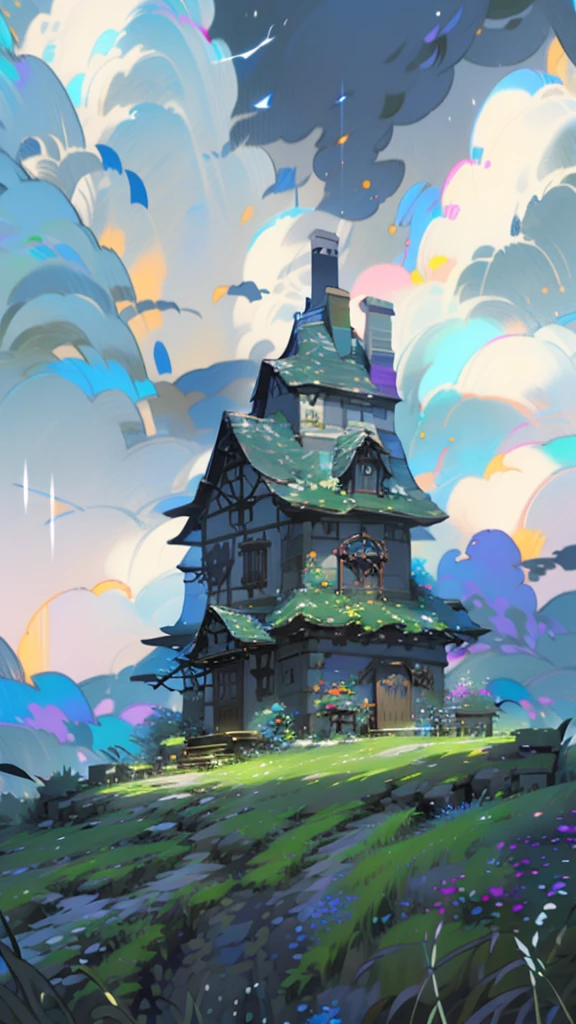 wood々And Mt.々spreads as far as the eye can see、80% of the photo is sky and cumulonimbus clouds、Colorful anime-style illustrations。A small boy stands in front of him