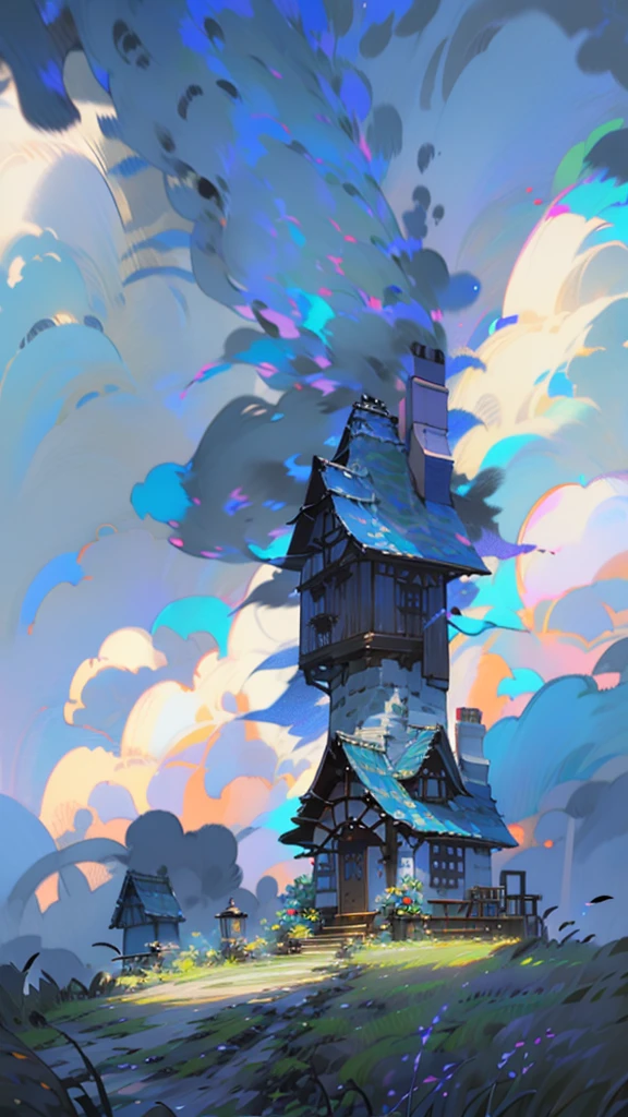 wood々And Mt.々spreads as far as the eye can see、80% of the photo is sky and cumulonimbus clouds、Colorful anime-style illustrations。A small boy stands in front of him