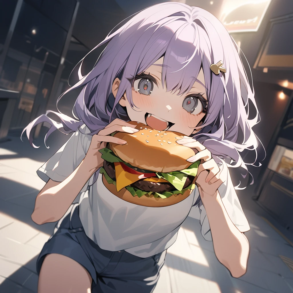 (Cute a girl:1.5), (a girl with closs hair pin,pale purple hair,bluntbangs hair,green and black eyes,
a girl is wearing a white T-shirt and navy blue shorts,,look at viewer:1.4),
(masterpiece:1.3), anime visual, (Lovey-dovey:1.5), (tilt head:1.3), extremely delicate face, soft clean focus, realistic lighting and shading, (an extremely delicate and beautiful art:1.3), elegant, (muted colors:1.1), small breast,crazy smile, A girl opens her mouth wide and bites into a hamburger at McDonald's,