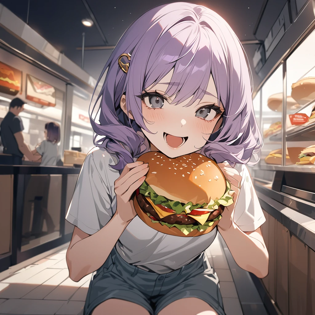 (Cute a girl:1.5), (a girl with closs hair pin,pale purple hair,bluntbangs hair,green and black eyes,
a girl is wearing a white T-shirt and navy blue shorts,,look at viewer:1.4),
(masterpiece:1.3), anime visual, (Lovey-dovey:1.5), (tilt head:1.3), extremely delicate face, soft clean focus, realistic lighting and shading, (an extremely delicate and beautiful art:1.3), elegant, (muted colors:1.1), small breast,crazy smile, A girl opens her mouth wide and bites into a hamburger at McDonald's,