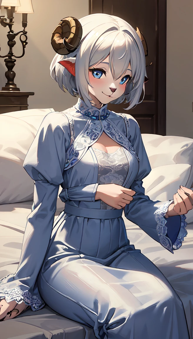 Highest quality,masterpiece, Soft Shading, Perfect Anatomy, Perfect lighting, Perfect focus, Healing, alone, One girl, Furry, Shaggy Sheep, Anthropomorphic, woman, Silver fur, Silvery skin, blue eyes, Before going to bed, pajamas,Long sleeve,Long skirt,(White lace),Small breasts,fantasy town, Upload to e621, Sitting,smile,adult,Long ears,Short Hair,Ram's horn、Perfect Anatomy((Beast Woman, Focus Only)) (((Furry))) (Furry anthro:1.7) ((((Hairy body, Sheep facial features, Physical characteristics of sheep)))) ((Sheep's nose, Very fine body hair)), White skin