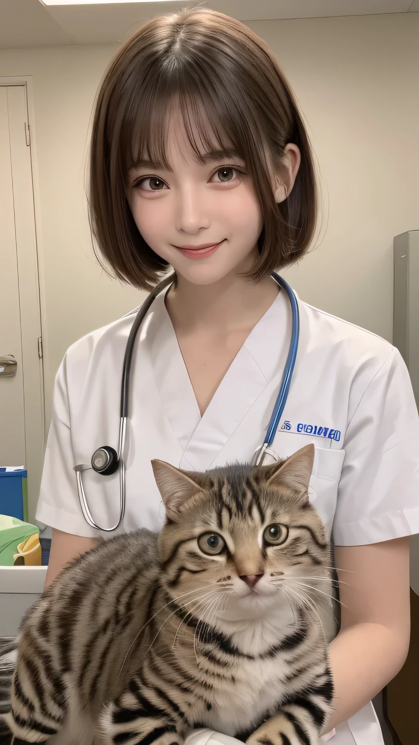 closeup shot , Best picture quality (8K, high resolution, Masterpiece: 1.2), super detailed, 215 Short Hair, 16-year-old woman,
situation: A scene where animals are examined at a veterinary clinic。
clothing: White、scope、gloves。
angle:
Close-up: Hands that gently touch animals、Showing serious expressions in detail。
Detailed depiction: Animal treatment room and medical equipment in the background、Emphasizing the seriousness and kindness of veterinarians。
, Close-up of face
, random cute pose ,big eyes ,Puffy eyes , Heart Pupil, blush , huge shy smile , salute