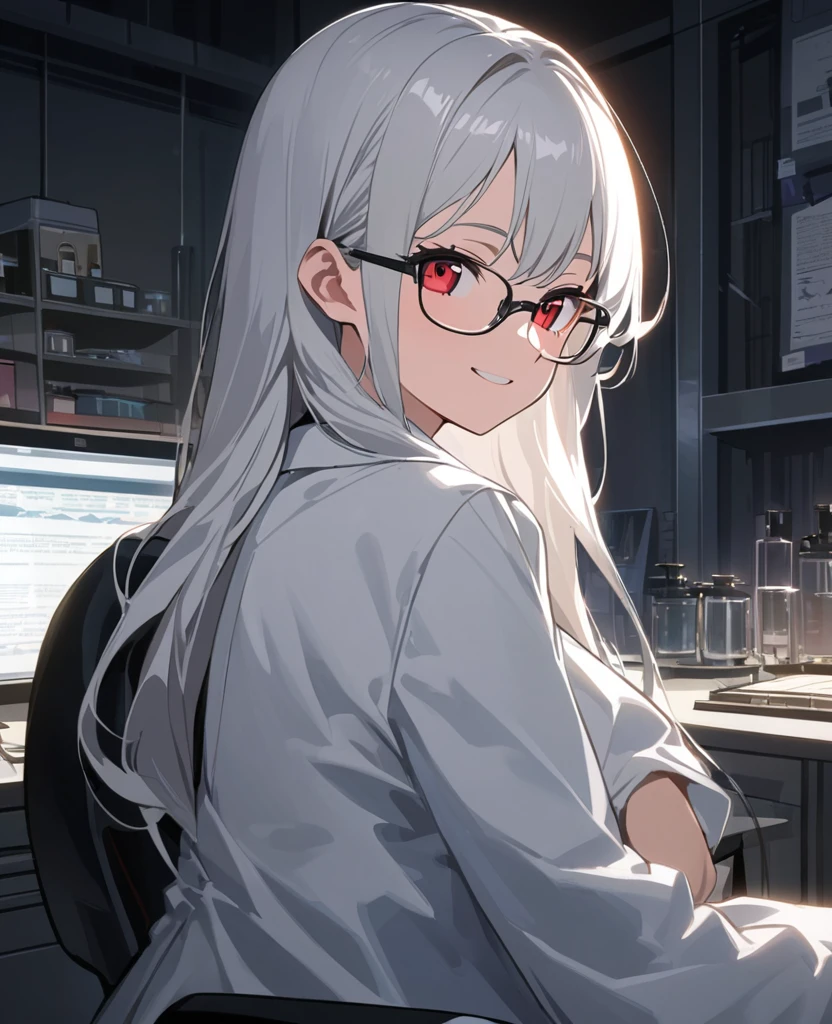 Anime painting:1.2,A small, young girl with long silver hair, red eyes and glasses wearing a white lab coat smiles wickedly.:1.2,In a dimly lit laboratory,Composition from the upper body up,Cross-legged on office chair、Posing