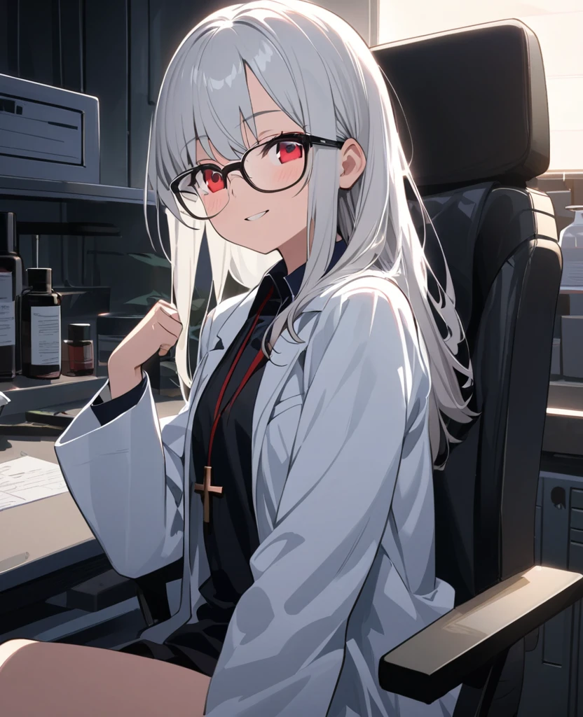Anime painting:1.2,A , young girl with long silver hair, red eyes and glasses wearing a white lab coat smiles wickedly.:1.2,In a dimly lit laboratory,Composition from the upper body up,Cross-legged on office chair、Posing