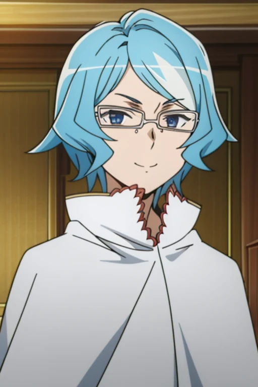 smile, mature female, mature, adult, eft_danmachi_blue, glasses, 1girl, female focus, solo, upper body, looking at viewer, blue hair, blue eyes, short hair, white cape, closed mouth,