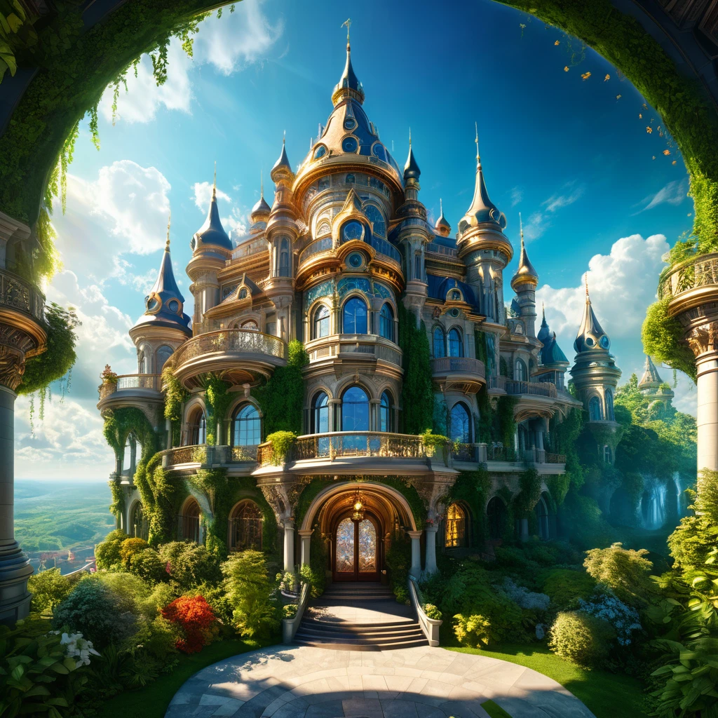 a magnificent floating royal castle in the sky, a huge astronomical telescope on the balcony, ornate architecture, highly detailed, intricate carvings and decorations, glowing crystals, sunlight streaming through stained glass windows, overflowing gardens, lush greenery, (best quality,4k,8k,highres,masterpiece:1.2),ultra-detailed,(realistic,photorealistic,photo-realistic:1.37),detailed lighting, dramatic shadows, vibrant colors, fantasy, digital art, concept art