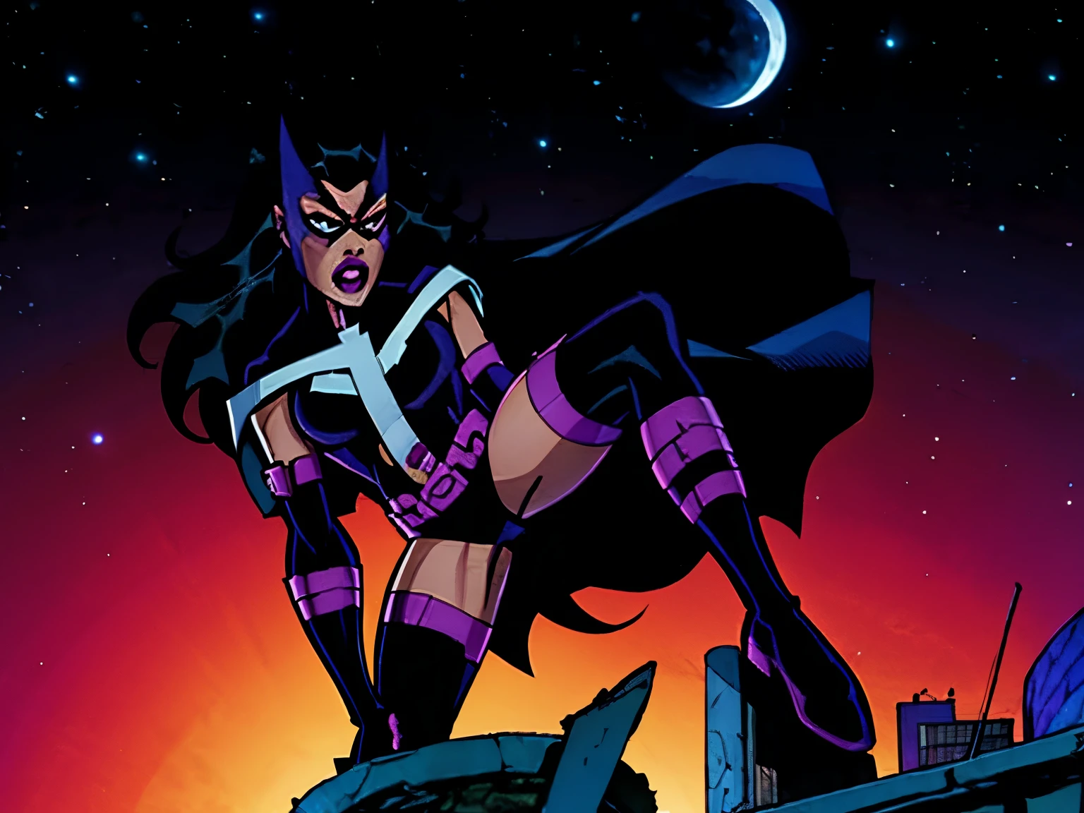 Huntress from DC comics, drop kicking, angry, screaming, night time, night sky background