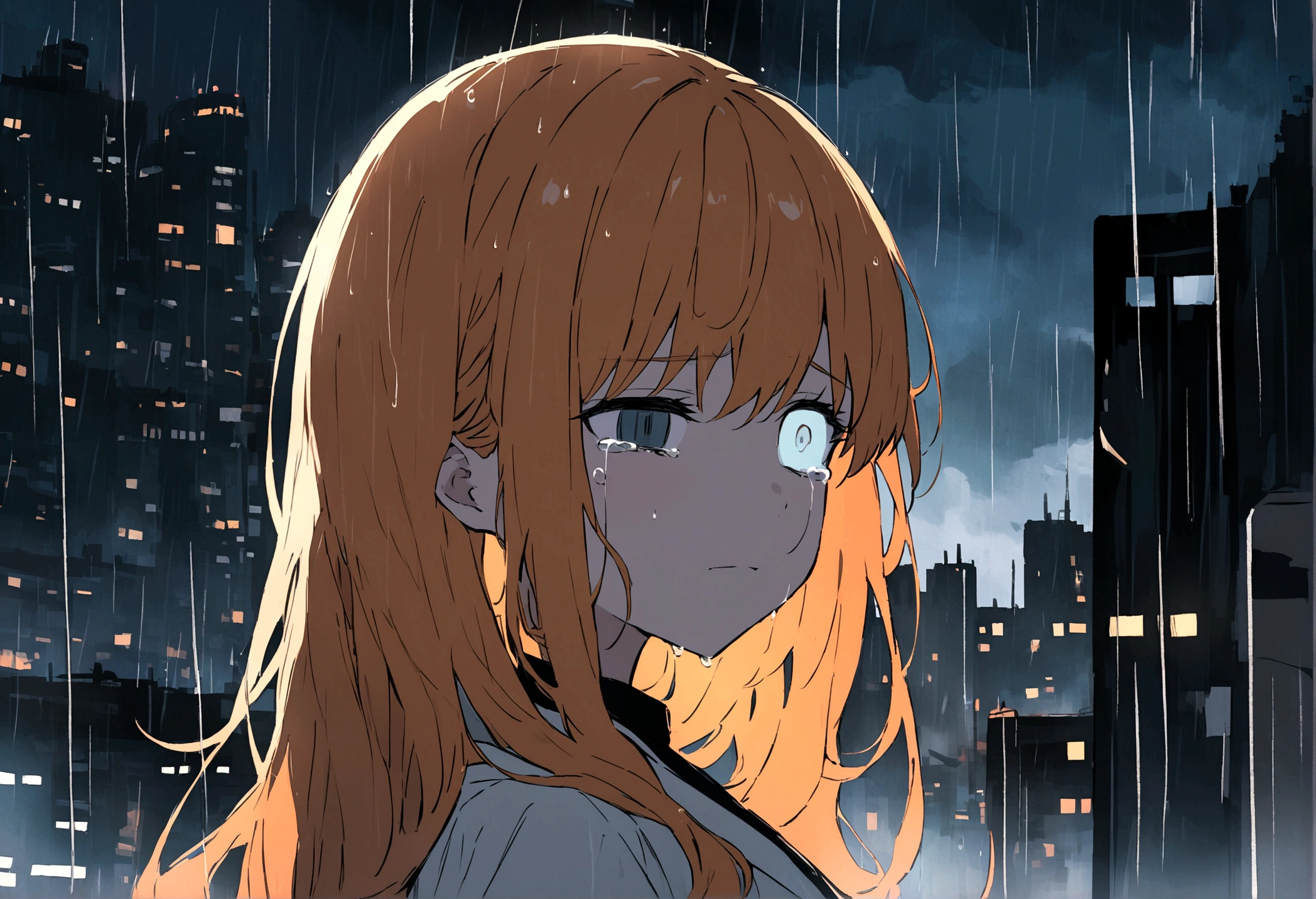 Anime fox girl, orange hair, dead eyes, neutral face, tears on left eye, basking in the rain,, cityscape, pale colors, UHD, 