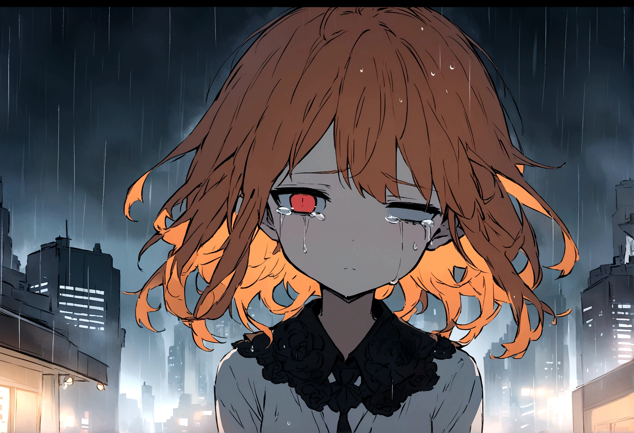 Anime fox girl, orange hair, dead eyes, neutral face, tears on left eye, basking in the rain,, cityscape, pale colors, UHD, 