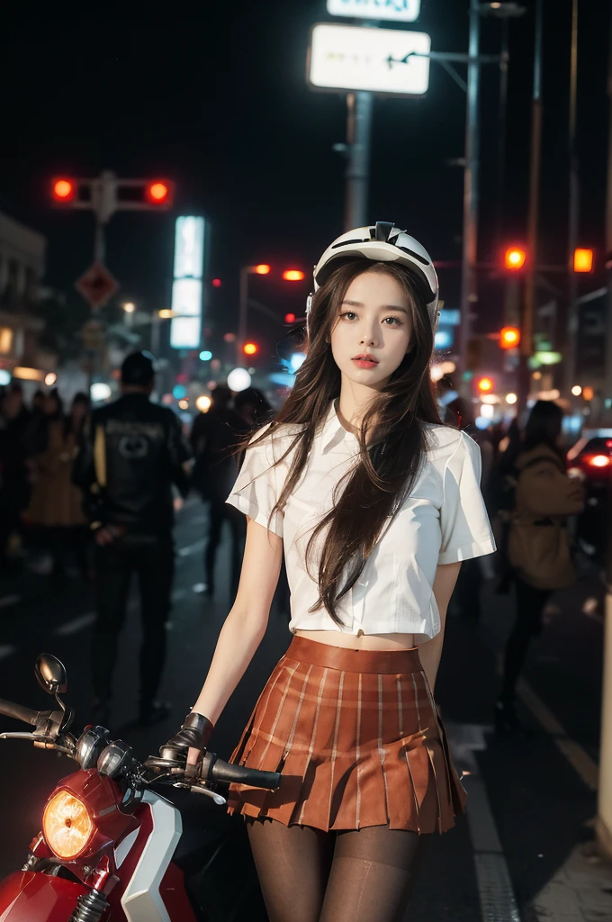 (((best quality))),(((ultra detailed))),(((masterpiece))),illustration,(1 beautiful girl,solo),((slim,thin)),((small breasts,flat chest)),(safety helmet:1.3),shoulder length straight bob hair,slender legs,cyberpunk, urban street,high school student, JK outfit,(riding on a motorcycle:1.3), sleek, (white collared short-sleeved shirt:1.3),(gloves:1.2),(red checkered pleated skirt:1.3),(pantyhose:1.3), stylish boots, confidence, determination, dark streets,neon lights, skyscrapers, urban noises, traffic, sirens, city sounds, futuristic, dystopian society, technology, fashion, explosive cocktail, style, , modernity, attitude, spirit, anything is possible,((from front,full body))