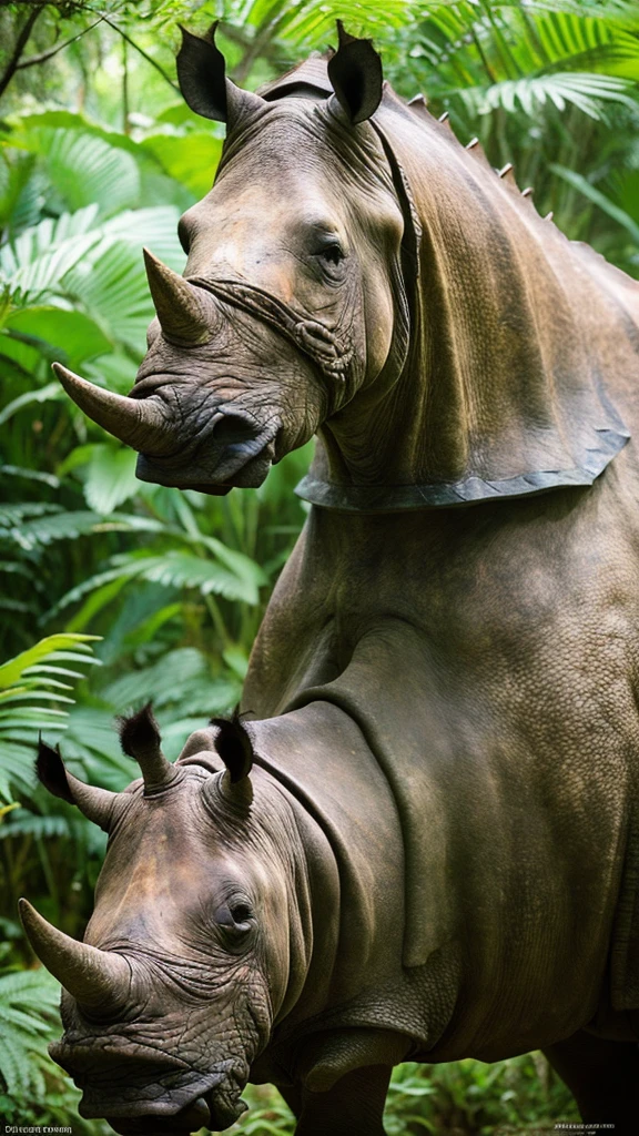(lifelike, high resolution:1.3), close up,A fearless warrior princess astride a colossal armored rhinoceros, charging headlong through a dense, misty jungle. Her gleaming bronze breastplate and flowing crimson cape catch the dappled sunlight, as the mighty beast's thundering hooves carve a path through the verdant undergrowth.