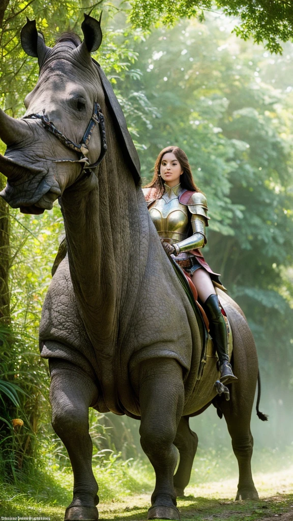 (lifelike, high resolution:1.3), close up,A fearless warrior princess astride a colossal armored rhinoceros, charging headlong through a dense, misty jungle. Her gleaming bronze breastplate and flowing crimson cape catch the dappled sunlight, as the mighty beast's thundering hooves carve a path through the verdant undergrowth.