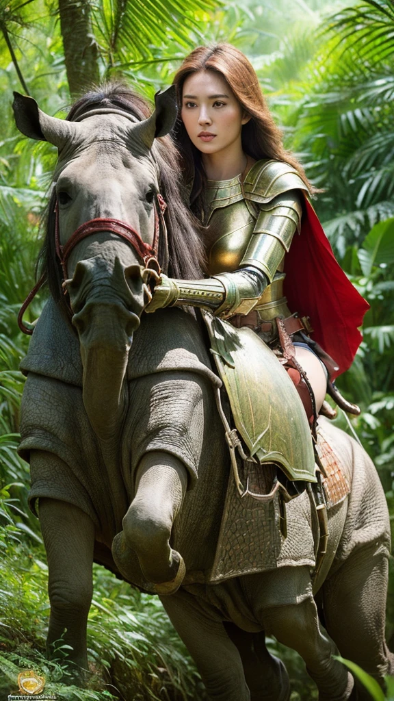 (lifelike, high resolution:1.3), close up,A fearless warrior princess astride a colossal armored rhinoceros, charging headlong through a dense, misty jungle. Her gleaming bronze breastplate and flowing crimson cape catch the dappled sunlight, as the mighty beast's thundering hooves carve a path through the verdant undergrowth.