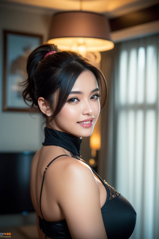 a gorgeous busty woman, ponytail, mercenary uniform, beautiful detailed smile, beautiful detailed teeth, POV, lover, cinematic dramatic lighting, (best quality,4k,8k,highres,masterpiece:1.2),ultra-detailed,(realistic,photorealistic,photo-realistic:1.37),HDR,UHD,studio lighting,ultra-fine painting,sharp focus,physically-based rendering,extreme detail description,professional,vivid colors,bokeh,portrait,photorealistic,cinematic