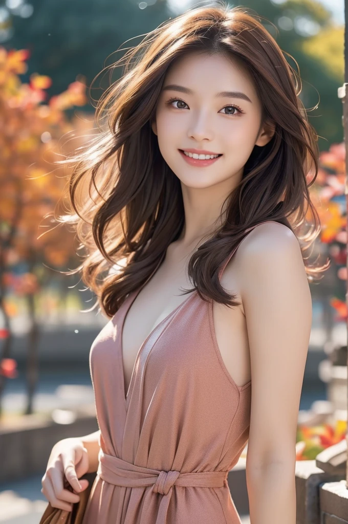 8K Super Resolution、Beauty、One Lady、Dark Brown Hair:1.1、Ultra-detailed face、Detailed lips、important、(Eyes meet)、double eyelid、Princess Eyes、 Beautiful Japanese Woman、Beautiful Japanese Woman、 Sensual lips、Bewitching body、Bust size 82、8 Life-size、Standing in a provocative pose facing forward with a well-balanced, natural body、Girlfriend in her 20s、(28 years old)、far and near method、Smiling with a nice smile、 Wearing a one-piece dress、Hair blowing in the wind、Clear images、The sparkle of tiny eyes、Fine autumn leaves dyed red、color々Hair style、