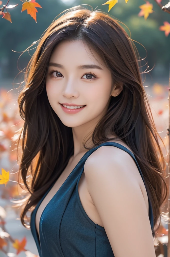 8K Super Resolution、Beauty、One Lady、Dark Brown Hair:1.1、Ultra-detailed face、Detailed lips、important、(Eyes meet)、double eyelid、Princess Eyes、 Beautiful Japanese Woman、Beautiful Japanese Woman、 Sensual lips、Bewitching body、Bust size 82、8 Life-size、Standing in a provocative pose facing forward with a well-balanced, natural body、Girlfriend in her 20s、(28 years old)、far and near method、Smile with a beautiful smile、 Wearing a one-piece dress、Hair blowing in the wind、Clear images、The sparkle of tiny eyes、Fine autumn leaves dyed red、color々Hair style、